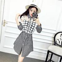 Women\'s Casual/Daily A Line Shirt Dress, Color Block Check Shirt Collar Above Knee Long Sleeve Cotton Spring Summer High Rise Micro-elastic