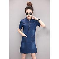Women\'s Casual/Daily Denim Dress, Solid Stand Knee-length Above Knee Short Sleeve Cotton Summer Mid Rise Micro-elastic Thin