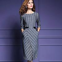 Women\'s Casual/Daily Simple Sheath Dress, Striped Round Neck Midi ¾ Sleeve Black Polyester Fall