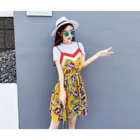 Women\'s Casual/Daily Vintage Summer T-shirt Dress Suits, Print Round Neck Short Sleeve