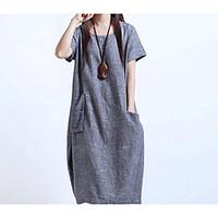 Women\'s Going out Vintage T Shirt Dress, Solid Round Neck Midi Short Sleeve Cotton Summer Mid Rise Micro-elastic Medium