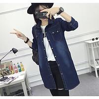 Women\'s Going out Casual/Daily Simple Street chic Spring Fall Denim Jacket, Solid Peaked Lapel ¾ Sleeve Long Others