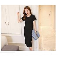 Women\'s Casual/Daily Simple T-shirt Dress Suits, Solid Round Neck Short Sleeve Micro-elastic