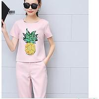 Women\'s Going out Casual/Daily Cute T-shirt Pant Suits, Solid Floral Round Neck Half Sleeve