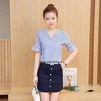 Women\'s Casual/Daily Work Simple Shirt Skirt Suits, Striped V Neck Short Sleeve Micro-elastic