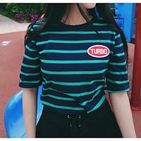 Women\'s Casual/Daily Simple Cute Spring Summer T-shirt, Striped Print Round Neck Short Sleeve Cotton Thin