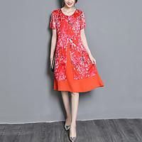 Women\'s Plus Size Going out Casual/Daily Street chic Loose Chiffon Dress Print False Two Knee-length Short Sleeve Polyester Red Summer