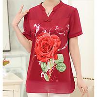 Women\'s Casual/Daily Simple T-shirt, Floral Round Neck Short Sleeve Linen