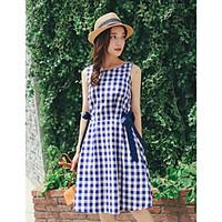 womens casual a line dress plaidcheck round neck knee length sleeveles ...