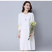 womens daily casual loose dress solid round neck maxi long sleeve cott ...