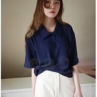 womens daily simple blouse solid shirt collar length sleeve polyester