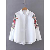 Women\'s Going out Casual/Daily Simple Street chic Fall Winter Shirt, Solid Shirt Collar Long Sleeve White Cotton Medium