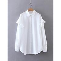 Women\'s Going out Casual/Daily Simple Street chic Fall Winter Shirt, Solid Shirt Collar Long Sleeve White Cotton Medium