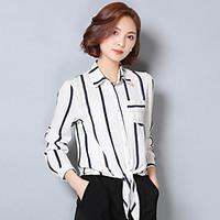 Women\'s Going out Casual/Daily Work Simple Summer Blouse, Solid Striped Shirt Collar Long Sleeve Bamboo Fiber Medium