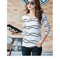 Women\'s Casual/Daily Simple T-shirt, Striped V Neck Long Sleeve Others