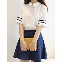 Women\'s Casual/Daily Simple T-shirt Skirt Suits, Solid Shirt Collar Short Sleeve Micro-elastic