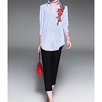 womens daily simple shirt striped embroidery shirt collar long sleeve  ...