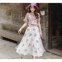 Women\'s Casual/Daily Simple Summer T-shirt Skirt Suits, Floral Round Neck Short Sleeve Micro-elastic
