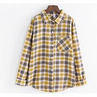 Women\'s Casual/Daily Simple Shirt, Houndstooth Shirt Collar Long Sleeve Linen