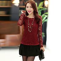 Women\'s Lace Casual/Daily Vintage / Simple All Seasons ShirtSolid Round Neck Long Sleeve Red / Beige / Black / Polyester Thin