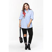 Women\'s Plus Size Beach Street chic Sophisticated Shirt, Color Block Embroidered Shirt Collar ½ Length Sleeve Others