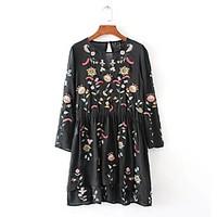 Women\'s Going out Casual/Daily Cute A Line Chiffon Dress, Embroidered Round Neck Above Knee Long Sleeve Cotton Spring Summer Mid Rise