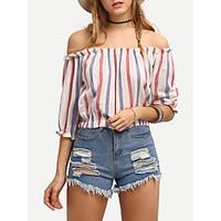 Women\'s Off The Shoulder Going out Simple Spring Summer T-shirt, Striped Round Neck Short Sleeve Cotton