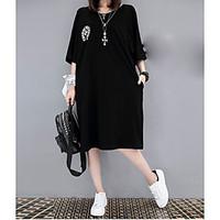 Women\'s Casual/Daily T Shirt Dress, Print Round Neck Midi Knee-length ½ Length Sleeve Cotton Spring Summer Mid Rise Micro-elasticThin