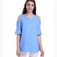 Women\'s Casual/Daily Street chic Summer T-shirt, Galaxy Round Neck Short Sleeve Blue Cotton Medium