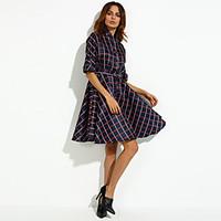 Women\'s Vintage V Neck Checked Dress