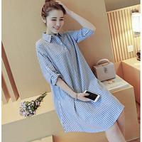 Women\'s Going out Casual/Daily Simple Active Shirt Dress, Striped Shirt Collar Knee-length Above Knee Long Sleeve Linen Spring Mid Rise