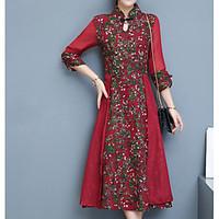 womens going out a line dress floral stand midi sleeve linen spring su ...