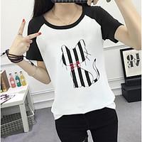 Women\'s Casual/Daily Cute Spring T-shirt, Patchwork Round Neck Short Sleeve Others Thin