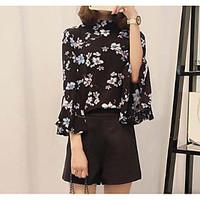 womens going out simple blouse floral standing collar long sleeve poly ...