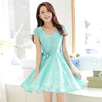 womens casualdaily simple lace dress solid round neck above knee short ...