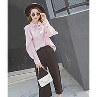 Women\'s Casual/Daily Simple Spring Summer Shirt, Solid Patchwork Shirt Collar Long Sleeve Others Thin