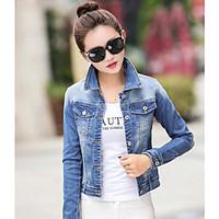 Women\'s Casual/Daily Active Spring Fall Denim Jacket, Letter Shirt Collar Long Sleeve Short Cotton