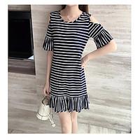 Women\'s Casual/Daily Simple Loose Dress, Solid Round Neck Knee-length Short Sleeve Cotton Spring Mid Rise Inelastic Thin