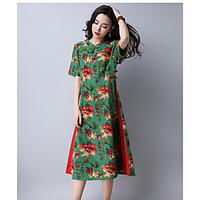 Women\'s Casual/Daily Shift Dress, Print Round Neck Midi Short Sleeve Silk Rayon Spring Summer Mid Rise Micro-elastic Thin
