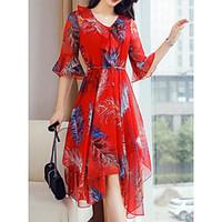 Women\'s Casual Sheath Swing Dress, Print V Neck Asymmetrical Half-Sleeve Polyester Summer Mid Rise Micro-elastic Medium