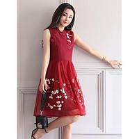 womens party evening casual a line dress solid embroidery round neck k ...