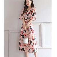 Women\'s Casual A Line Dress, Print V Neck Midi Short Sleeve Chiffon Summer Mid Rise Inelastic Thin