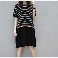 Women\'s Going out T Shirt Dress, Striped Round Neck Knee-length ½ Length Sleeve Cotton Spring Summer Mid Rise Micro-elastic Thin