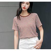 Women\'s Going out Street chic T-shirt, Striped Round Neck Short Sleeve Cotton