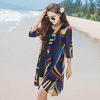 Women\'s Beach Holiday Sophisticated Summer Trench Coat, Striped Shawl Lapel Half Sleeve Long Silk