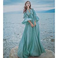 womens beach holiday vintage simple swing dress solid deep v maxi leng ...