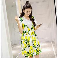 Women\'s Going out Casual/Daily Holiday Vintage Cute Street chic Summer T-shirt Dress Suits, Print Round Neck Short Sleeve