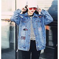 womens casualdaily active spring denim jacket letter stand long sleeve ...