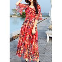 Women\'s Casual Swing Dress, Print Scoop Midi Half-Sleeve Chiffon Summer High Rise Inelastic Thin