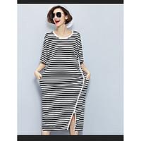 Women\'s Casual/Daily Shift Dress, Striped Round Neck Midi Short Sleeve Others Spring Summer Mid Rise Micro-elastic Medium